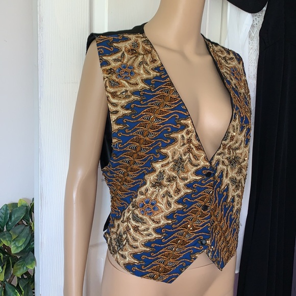 Vintage 80s beaded sleeveless black satin fancy VEST jacket L - Picture 9 of 16